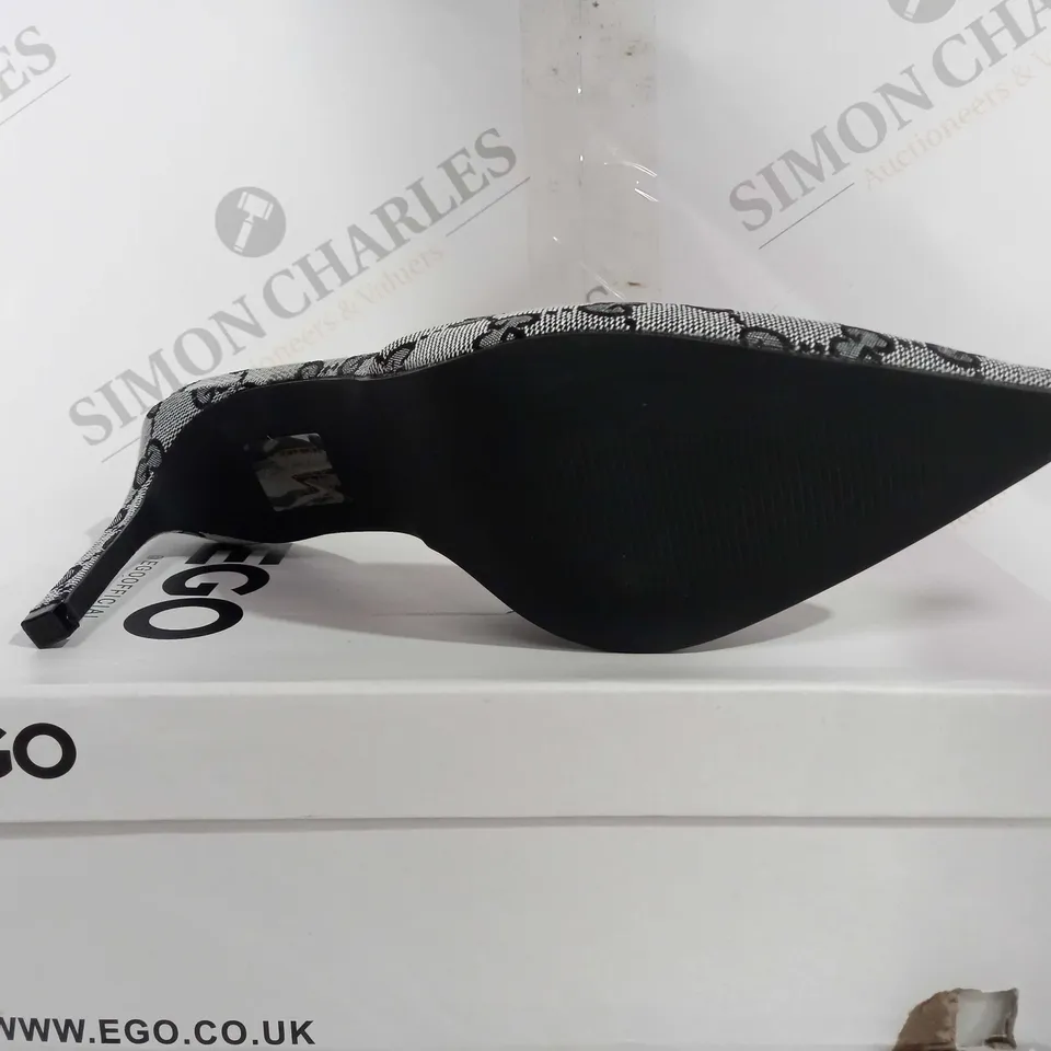 BOXED EGO PILAR 10 HIGH HEELS IN BLACK & GREY - UK 6
