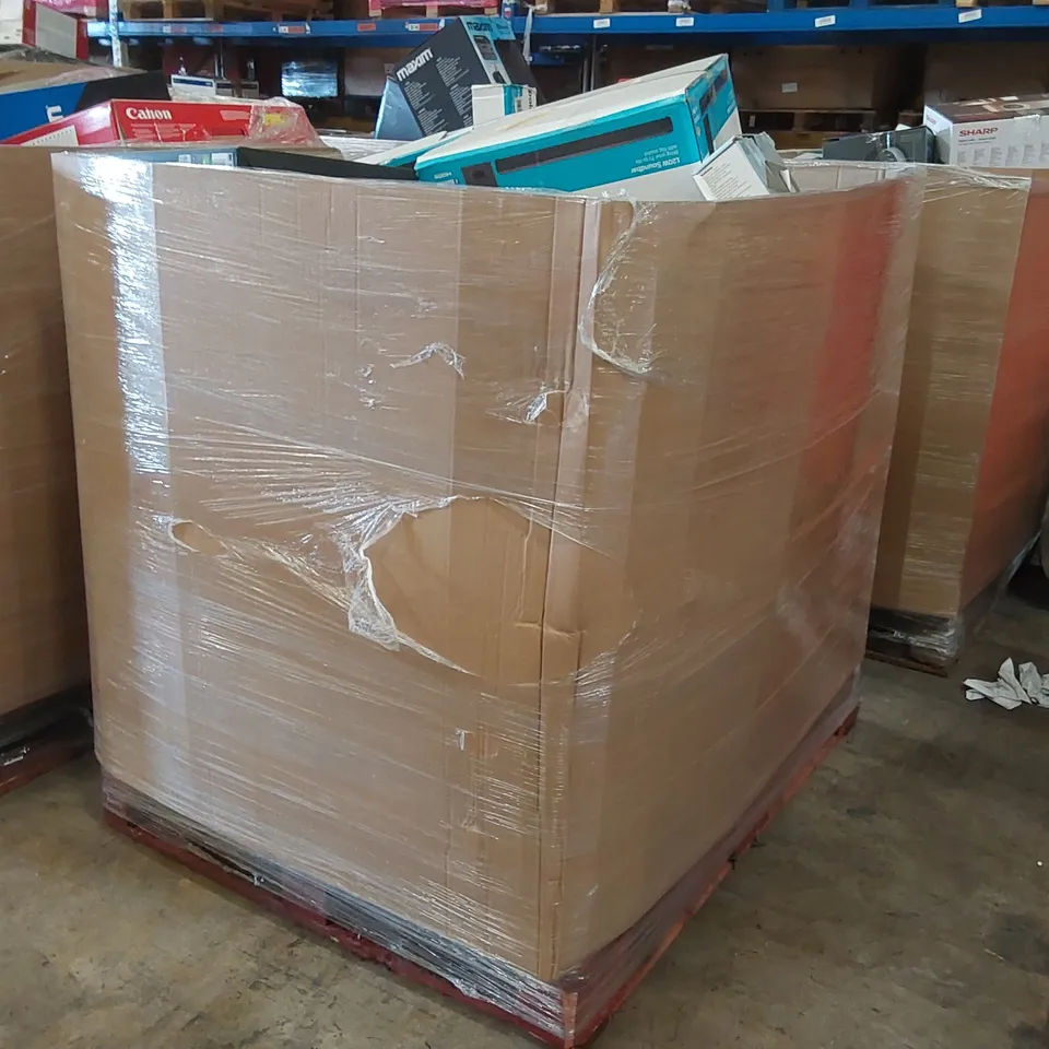 PALLET CONTAINING VARIOUS ASSORTED BOXED ELECTRONIC ITEMS TO INCLUDE: SEVERAL PRINTERS, HEADPHONES, DVD PLAYERS, SPEAKERS ETC