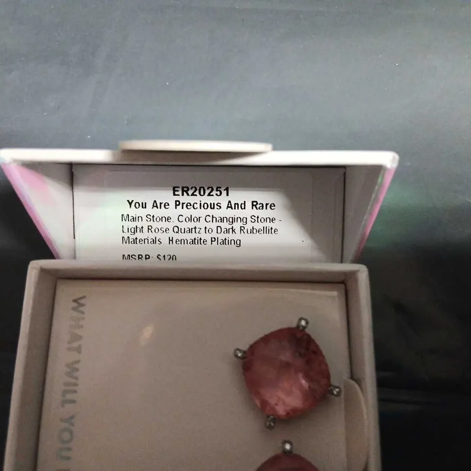 BOMB PARTY YOU ARE PRECIOUS AND RARE COLOUR-CHANGING STONE EARRINGS – LIGHT ROSE QUARTZ TO DARK RUBELLITE, HEMATITE PLATING (ER20251)