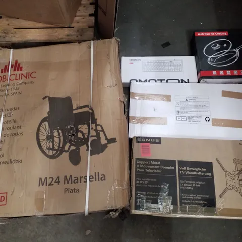 PALLET CONTAINING ASSORTED PRODUCTS INCLUDING WHEELCHAIR, GAMING KEYBOARD, WOK PAN, SHOWER MIXER & WALL TV MOUNT