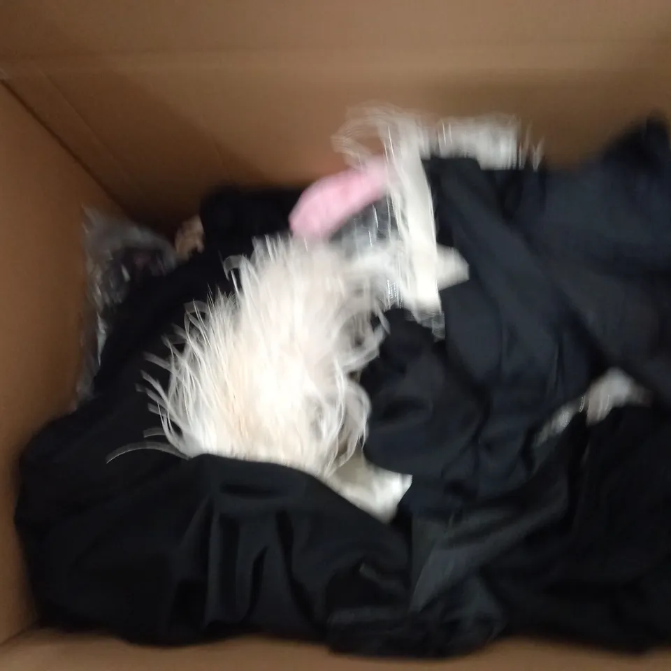 BOX OF APPROX 10 CLOTHING ITEMS TO INCLUDE BOOHOO BY KOURTNEY KARDASHIAN SIZE 10 RED TROUSERS, SHEIN SIZE S WHITE SKIRT, BOOHOO BLACK DRESS SIZE 10