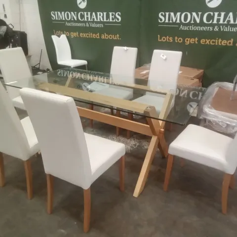 DINING SET INCLUDING GLASS TABLE & 6 WHITE CHAIRS