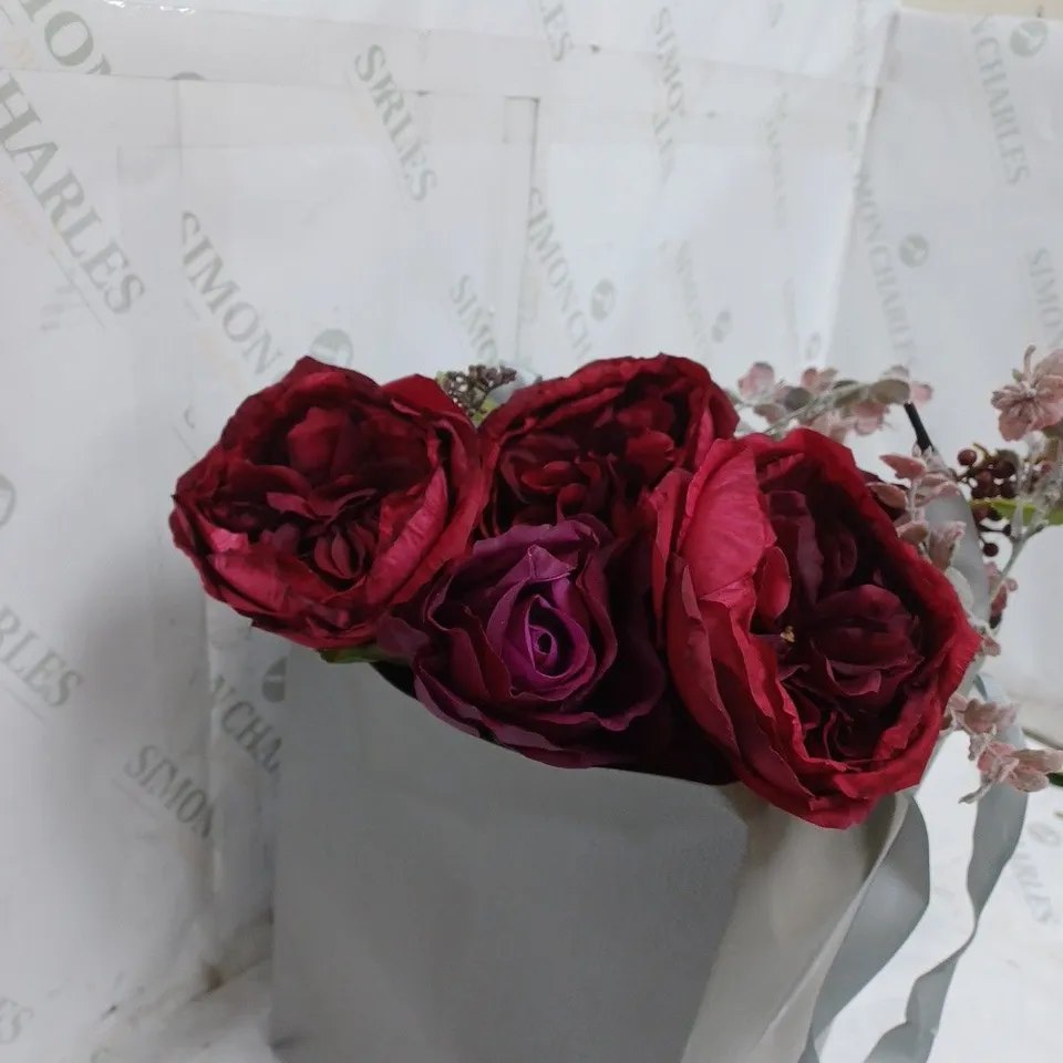 BOXED FAUX FLOWER ARRANGEMENT WITH VASE AND PEONY FLOWER AND ROOM SCENT RED AND PURPLE