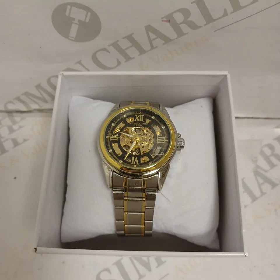 BOXED ANTHONY JAMES CHRONO SPORTS WATCH - AUTOMATIC - SKELETON FACE - STAINLESS STEEL - WATER RESISTANT. 