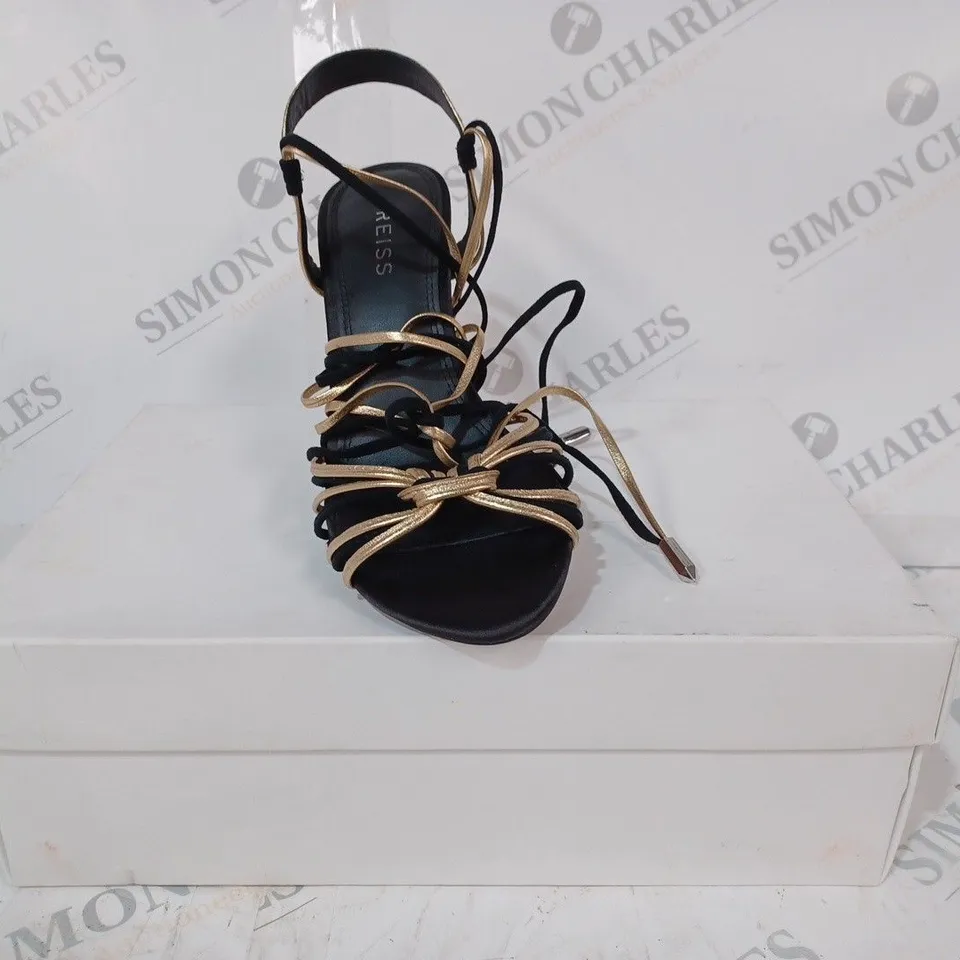 BOXED PAIR OF REISS CASSIDY STRAPPY HEELS IN BLACK/GOLD UK SIZE 4