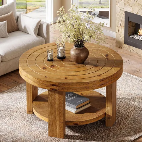 BOXED ROUND 2-TIER SOLID WOOD CENTER TABLE WITH STORAGE, NATURAL BROWN WITH ANNUAL RING LOOK, 80×80×50CM