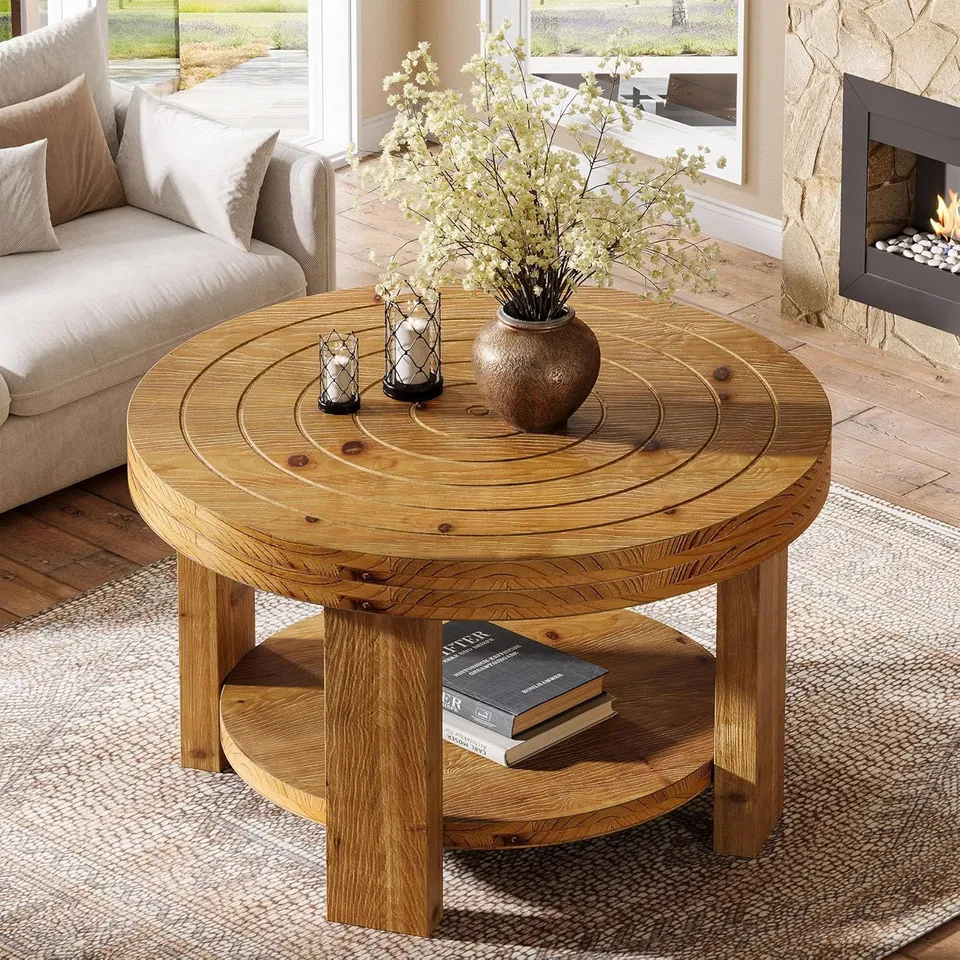 BOXED ROUND 2-TIER SOLID WOOD CENTER TABLE WITH STORAGE, NATURAL BROWN WITH ANNUAL RING LOOK, 80×80×50CM