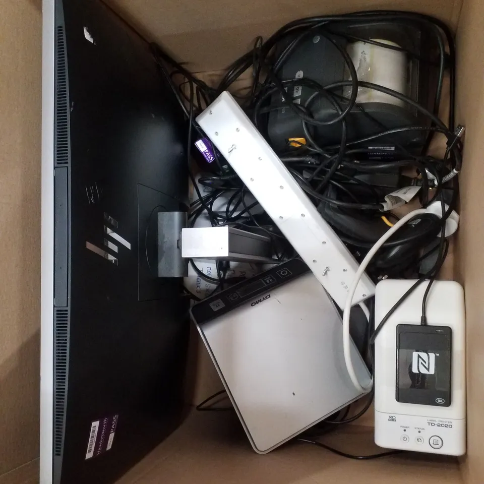 PALLET CONTAINING ASSORTED TECH INCLUDING MONITORS, KEYBOARDS, LABEL PRINTER, MICE & ELECTRIC SCALE 
