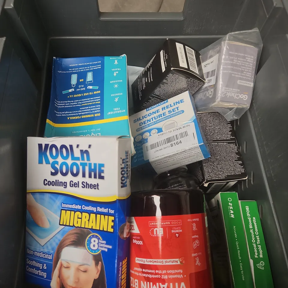 TOTE OF APPROXIMATELY 15 ASSORTED HEALTHCARE PRODUCTS TO INCLUDE ANTI SNORE MOUTH PIECE - MACA ROOT SUPPLEMENT AND KNOWN MENOPAUSE SUPPORT SUPPLEMENTS