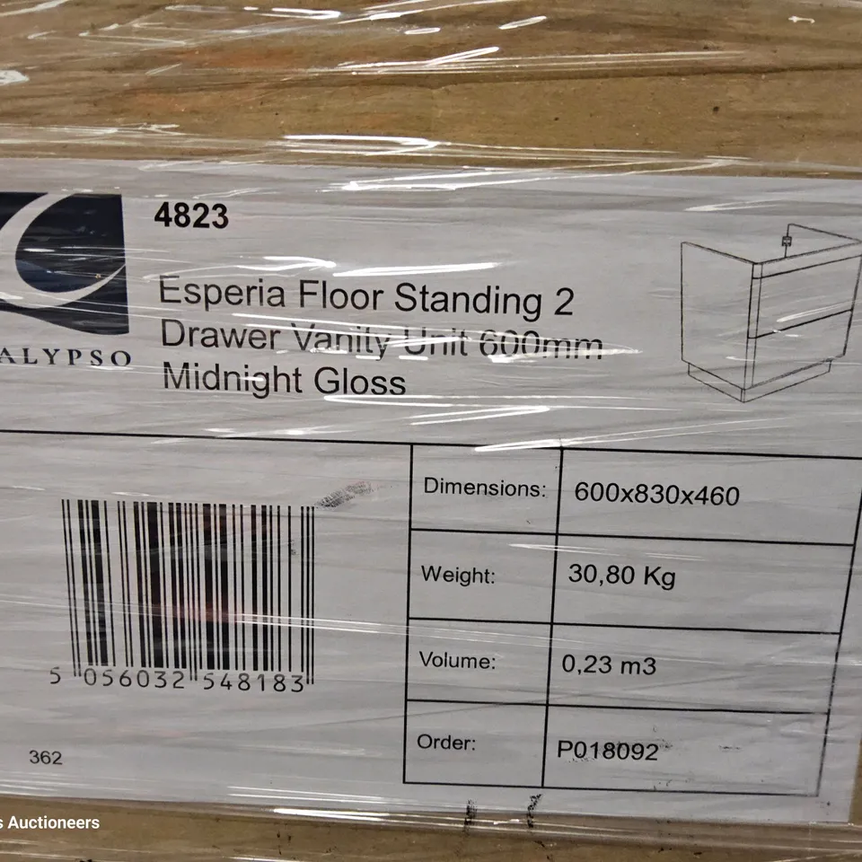 PALLET TO CONTAIN APPROXIMATELY 10 BOXED ESPERIA FLOOR STANDING 2 DRAWER VANITY UNITS 600mm MIDNIGHT GLOSS