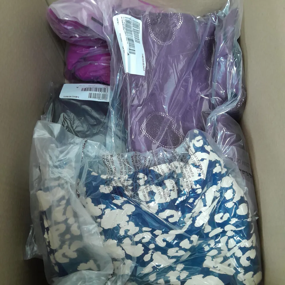 A BOX OF 10 VARIOUS CLOTHING ITEMS TO INCLUDE A YELLOW AND WHITE CARDIGAN A FRANK USHER PURPLE TOP AND A KIM&CO. BLACK AND WHITE LEAF DESIGN TOP 