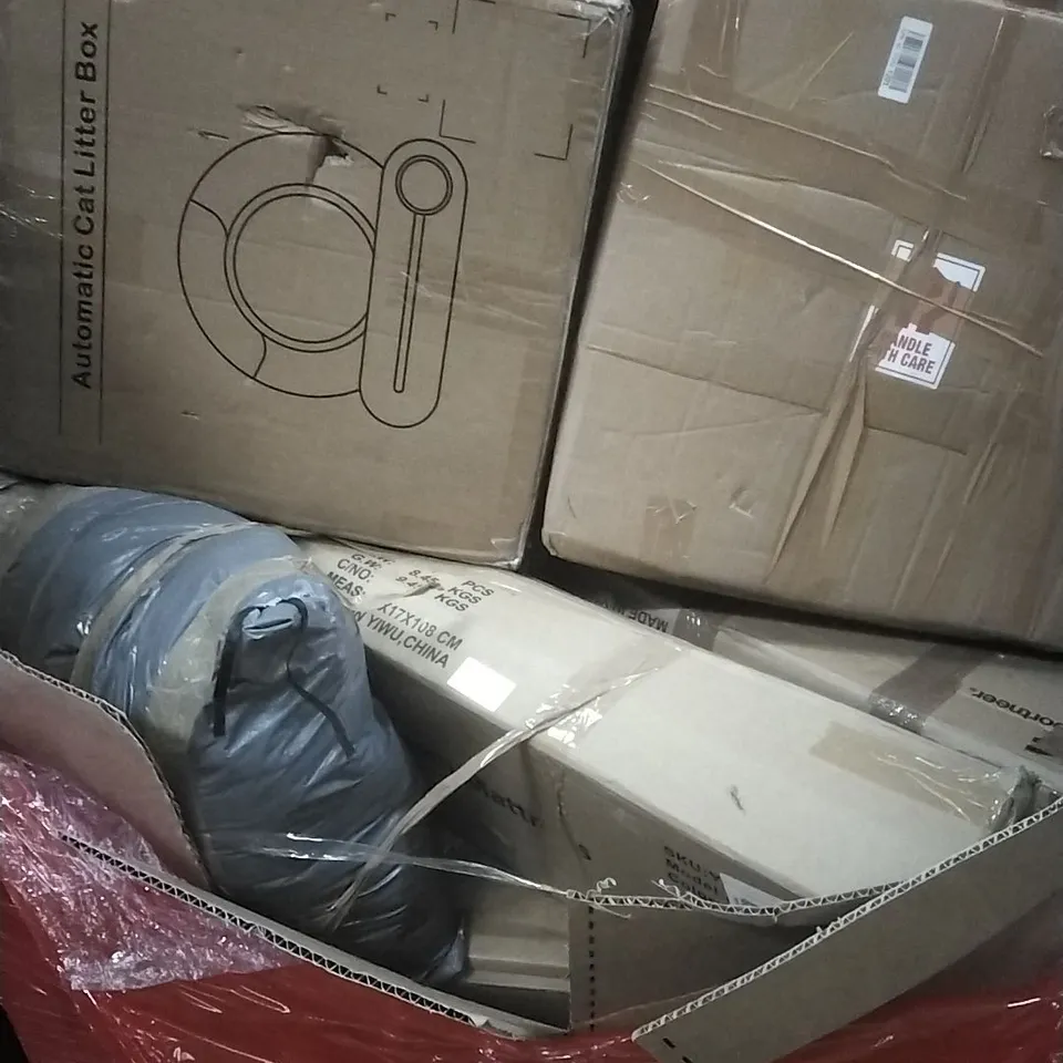 PALLET OF ASSORTED HOUSEHOLD GOODS AND PRODUCTS TO INCLUDE; TOWER AIR COOLER, CAT LITTER BOX, CAMPING COT WITH MATTRESS ETC