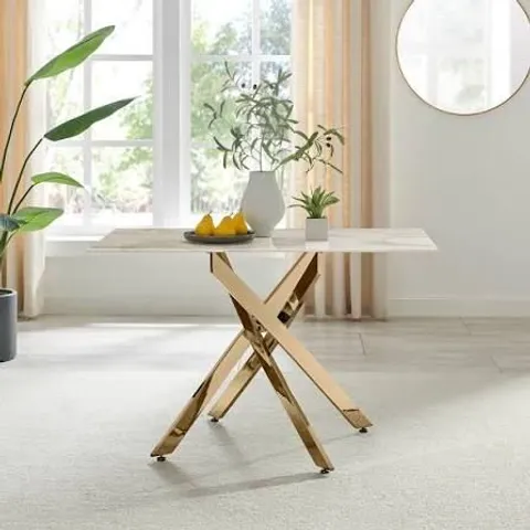 BOXED LEONARDO 4 SEATER DINING TABLE - GLASS MARBLE EFFECT TOP WITH SILVER LEGS (2 BOXES)