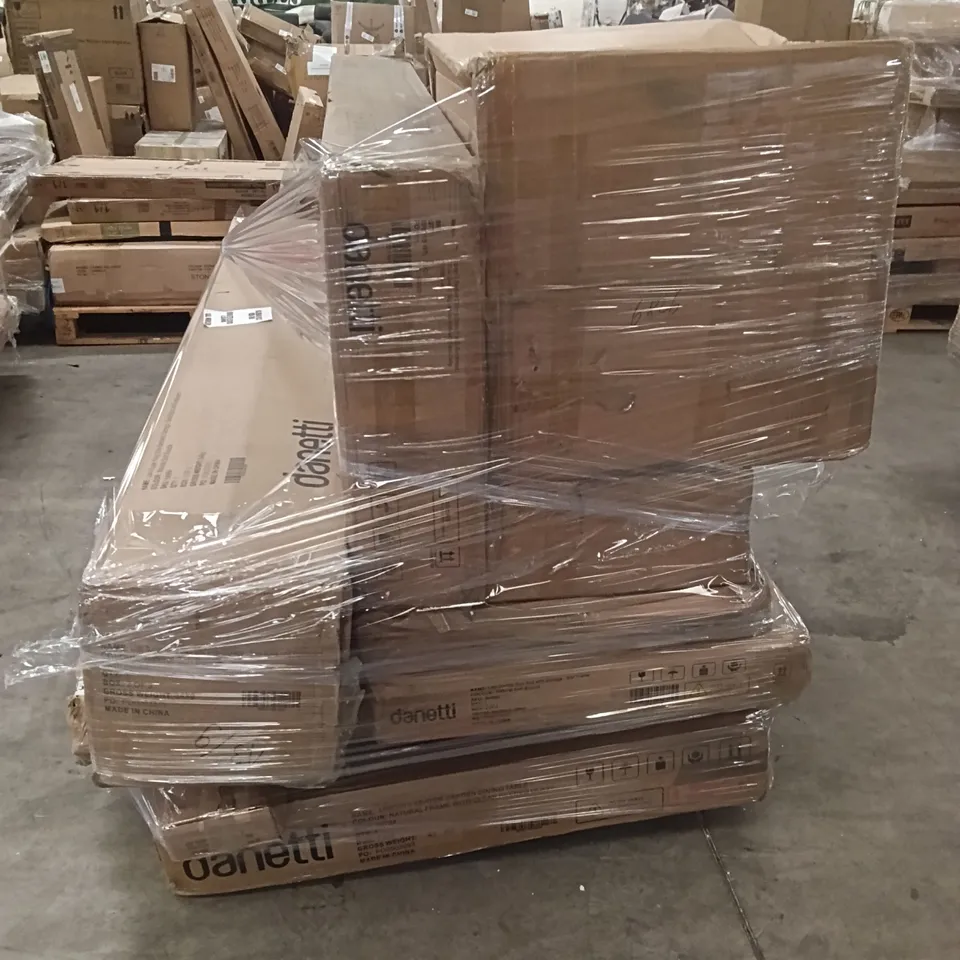 PALLET OF ASSORTED INCOMPLETE FURNITURE PARTS INCLUDING, SUPER KING SIZE BED, DOUBLE SIZE BED, DINING BENCH