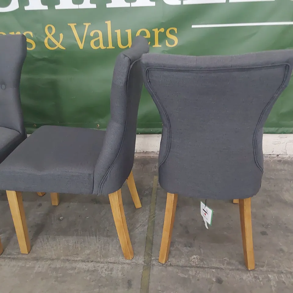 SET OF FOUR UPHOLSTERED BUTTONED BACK DINING CHAIRS GREY FABRIC ON  NATURAL WOOD LEGS A