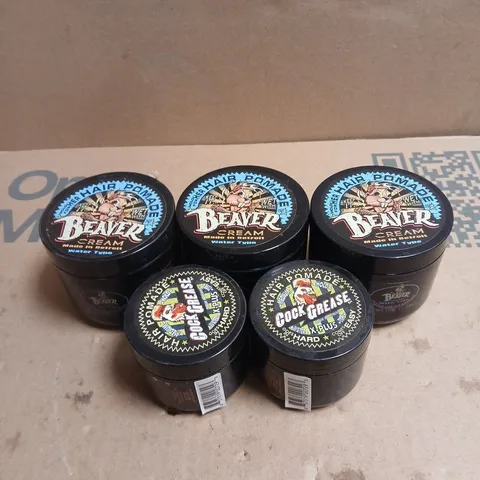 BOX OF APPROXIMATLEY 40 X ASSORTED HAIR CARE PRODUCTS: BEAVER CREAM HAIR POMADE 110G + COCK GREASE MEDIUM HOLD HAIR POMADE 50G