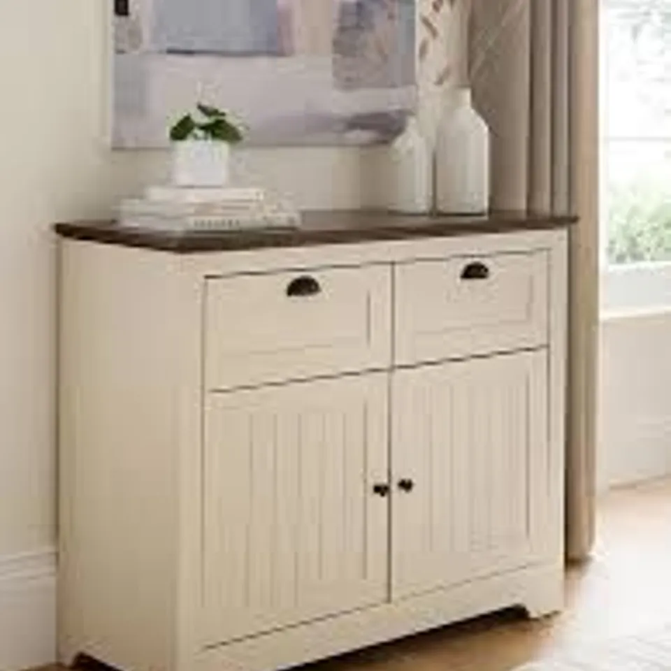 BOXED DEVON COMPACT SIDEBOARD - IVORY/WALNUT (1 BOX) RRP £159