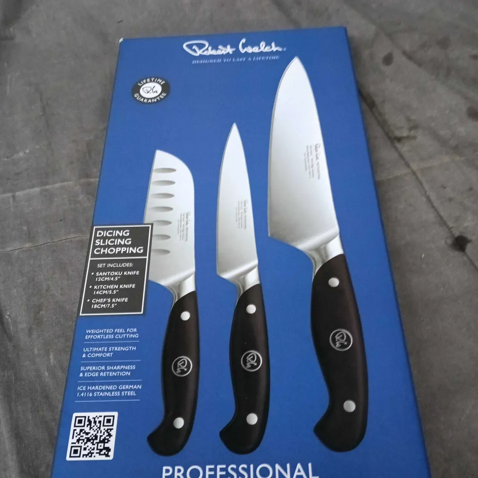 PROFESSIONAL HOME CHEF KNIFE SET – 3-PIECE BOXED WITH SANTOKU 12CM, KITCHEN 14CM & CHEF'S 18CM