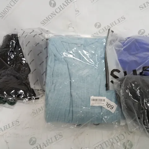 LARGE BOX OF ASSORTED CLOTHING ITEMS IN VARIOUS COLOURS AND SIZES INCLUDING TROUSERS , TOPS AND JUMPERS 