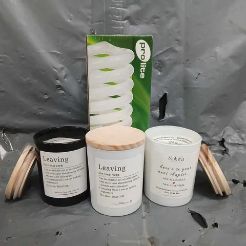 APPROXIMATELY 10 ASSORTED HOUSEHOLD ITEMS TO INCLUDE SOLARA NATURAL SOY WAX CANDLES, PROLITE 3150LM BULB, ETC