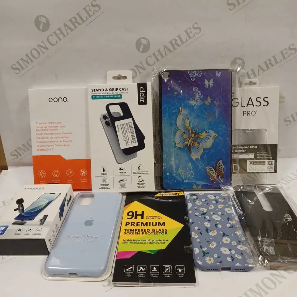 LOT TO CONTAIN APPROX 25 X ASSORTED PHONE ACCESSORIES, INCLUDES PHONES CASES, SCREEN PROTECTORS, TABLET CASES. WIRELESS MICROPHONE ETC 