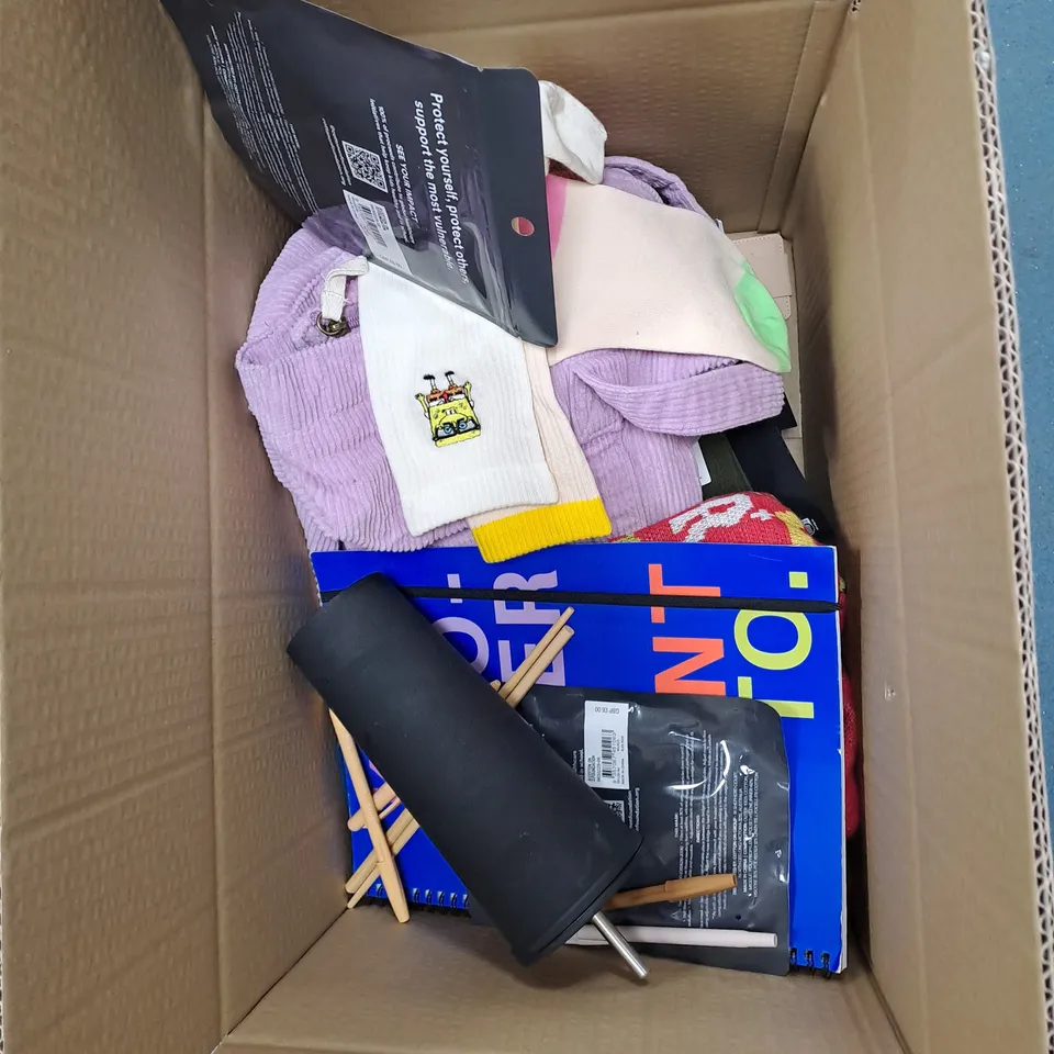 BOX OF ASSORTED HOUSEHOLD ITEMS TO INCLUDE BOTTLES, SLEEPING MASK, NOTEPADS ETC 