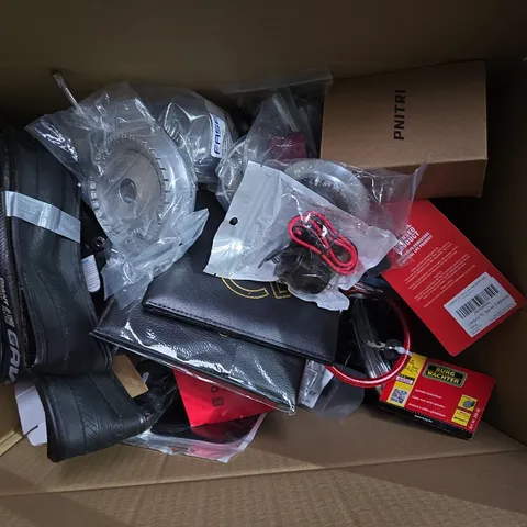 BOX OF ASSORTED CAR ITEMS TO INCLUDE BIKE TIRES - BADGE HOLDERS AND TOOLS - COLLECTION ONLY 