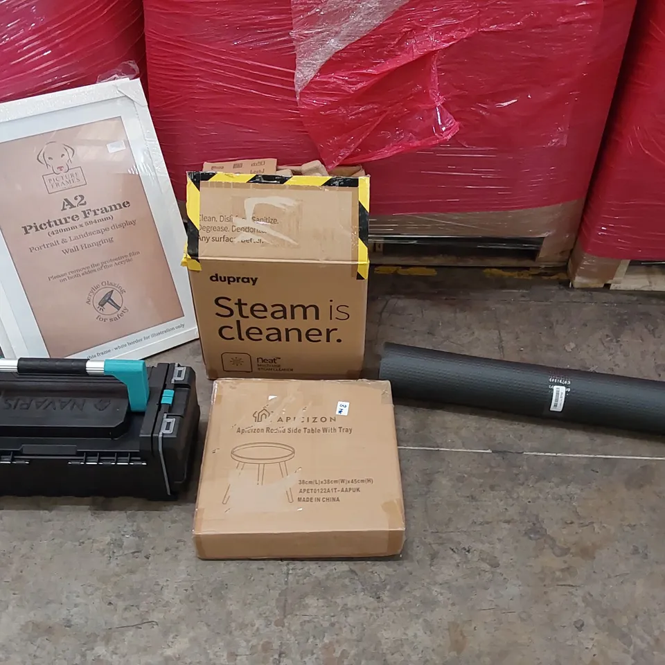 PALLET OF ASSORTED ITEMS INCLUDING: STEAM CLEANER, TOOLBOX, SIDE TABLE WITH TRAY, A2 PICTURE FRAMES, YOGA MAT