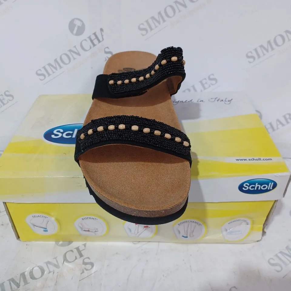 BOXED PAIR OF SCHOLL TAMBRE BEADED MULE SANDALS IN BLACK UK SIZE 8