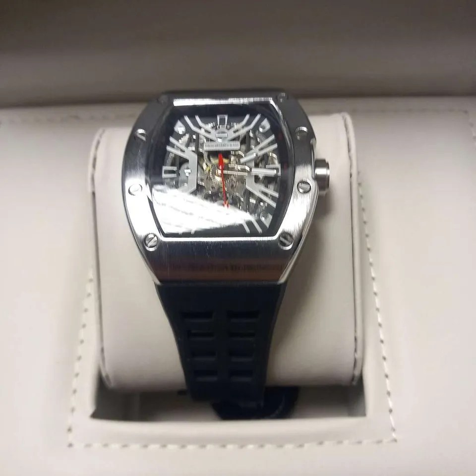 MENS AUTOMATIC DESCHAMPS & CO WATCH – SKELETON DIAL – GLASS EXHIBITION BACK CASE – RUBBER STRAP – WOODEN GIFT BOX – EST £925