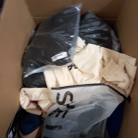 BOX OF ASSORTED CLOTHING ITEMS TOO INCLUDE JUMPERS, SHIRTS AND TROUSERS IN VARIOUS SIZES AND COLOURS