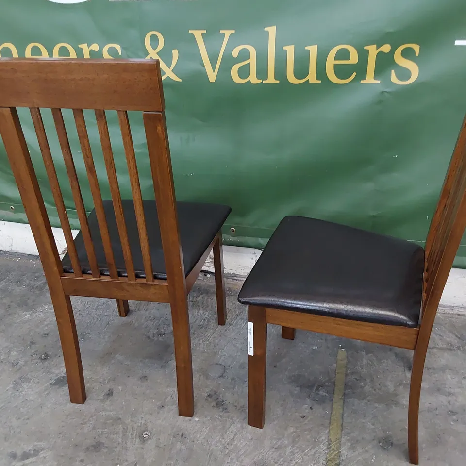 PAIR OF DARK WOOD SLAT BACK DINING CHAIRS BROWN PU SEATS