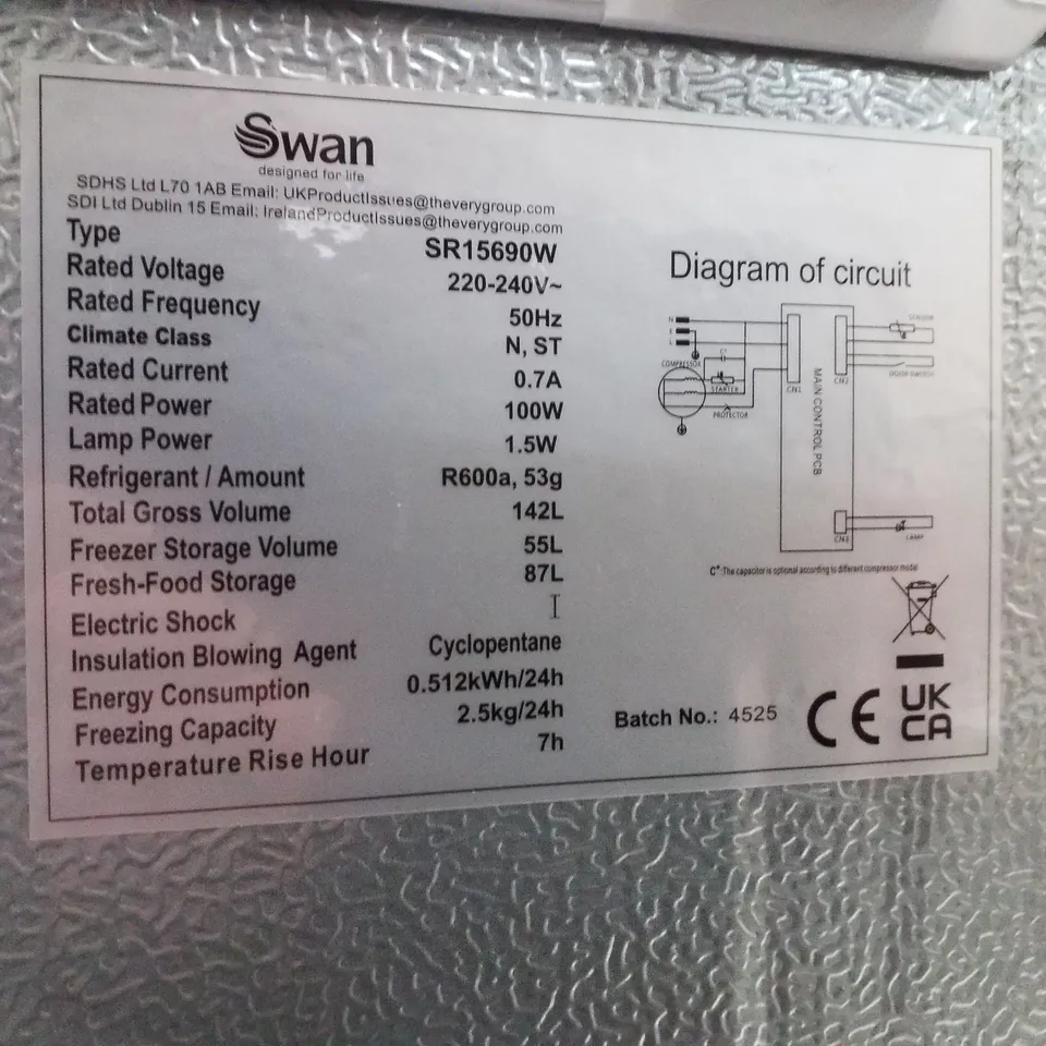 SWAN SR15690W 48CM WIDE, 144CM HIGH, 50/50 SPLIT COMPACT FRIDGE FREEZER - WHITE