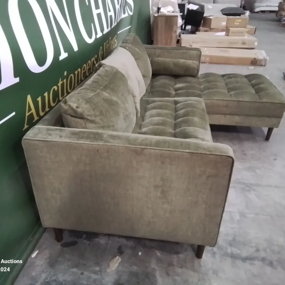 DESIGNER GREEN FABRIC CHAISE SOFA WITH SIDE CUSHIONS 