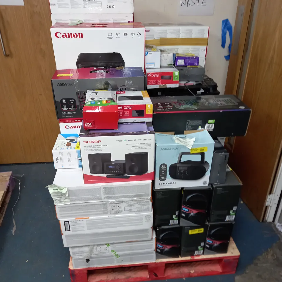 PALLET OF APPROXIMETLY 20 ELECTRONICAL ITEMS TO INCLUDE PRINTERS, GAMING SET, HEADPHONES ETC - COLLECTION ONLY 