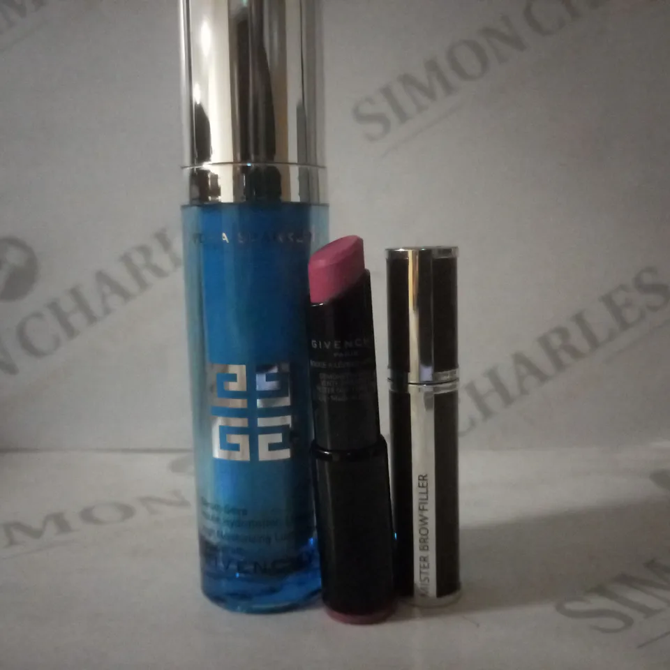 BOX OF APPROX 12 ASSORTED GIVENCHY TESTER PRODUCTS TO INCLUDE HYDRA SPARKLING SERUM, LIPSTICK #VIOLINE TROUBLANT, MISTER BROW FILLER #BROWN 