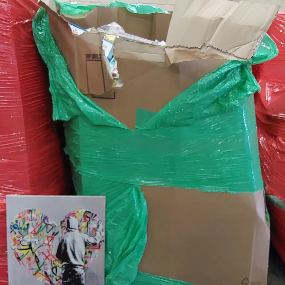 PALLET OF ASSORTED ITEMS INCLUDING: ART WORK, MICROPHONES, MICROFIBER CLOTH, CAT HARNESS AND TOYS, COOKIE CUTTERS, COFFEE PODS