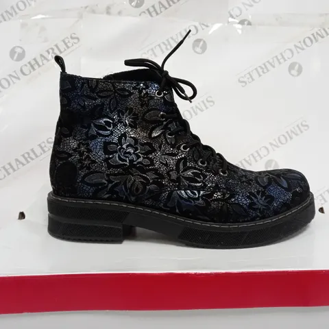 BOXED RIEKER LACE UP BOOTS, DARK FLORAL - SIZE 7.5
