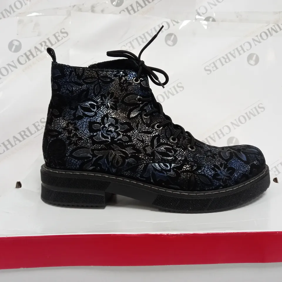BOXED RIEKER LACE UP BOOTS, DARK FLORAL - SIZE 7.5