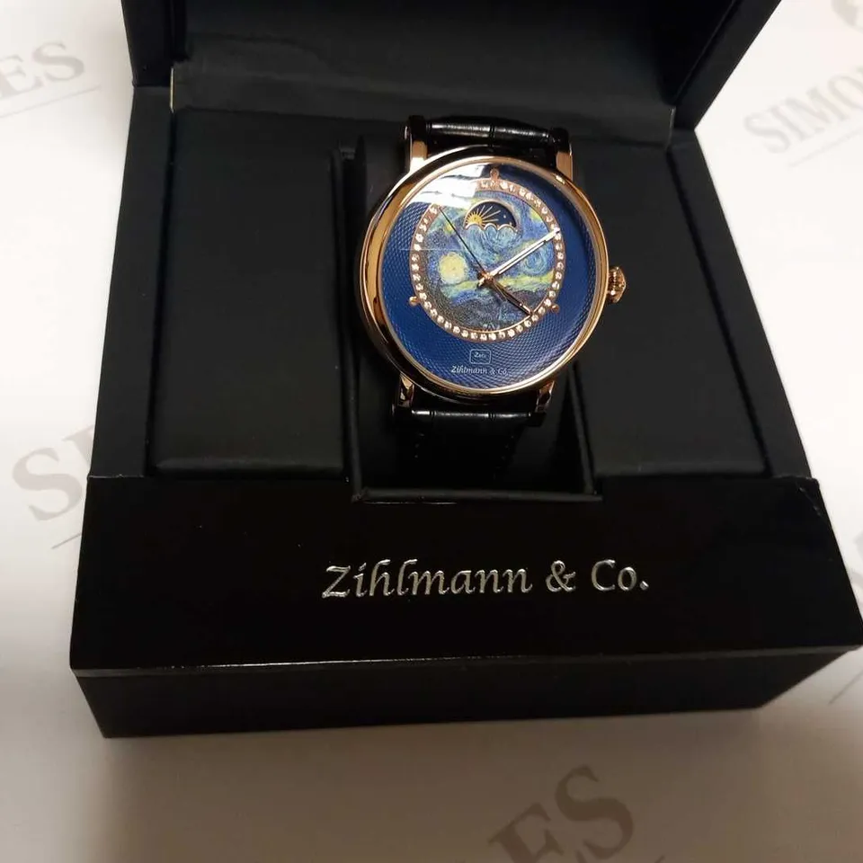 MENS ZIHLMANN & CO AUTOMATIC WATCH – Z150 – MOONPHASE DIAL – GLASS EXHIBITION BACKCASE - SILVER COLOUR CASE – BLACK LEATHER STRAP
