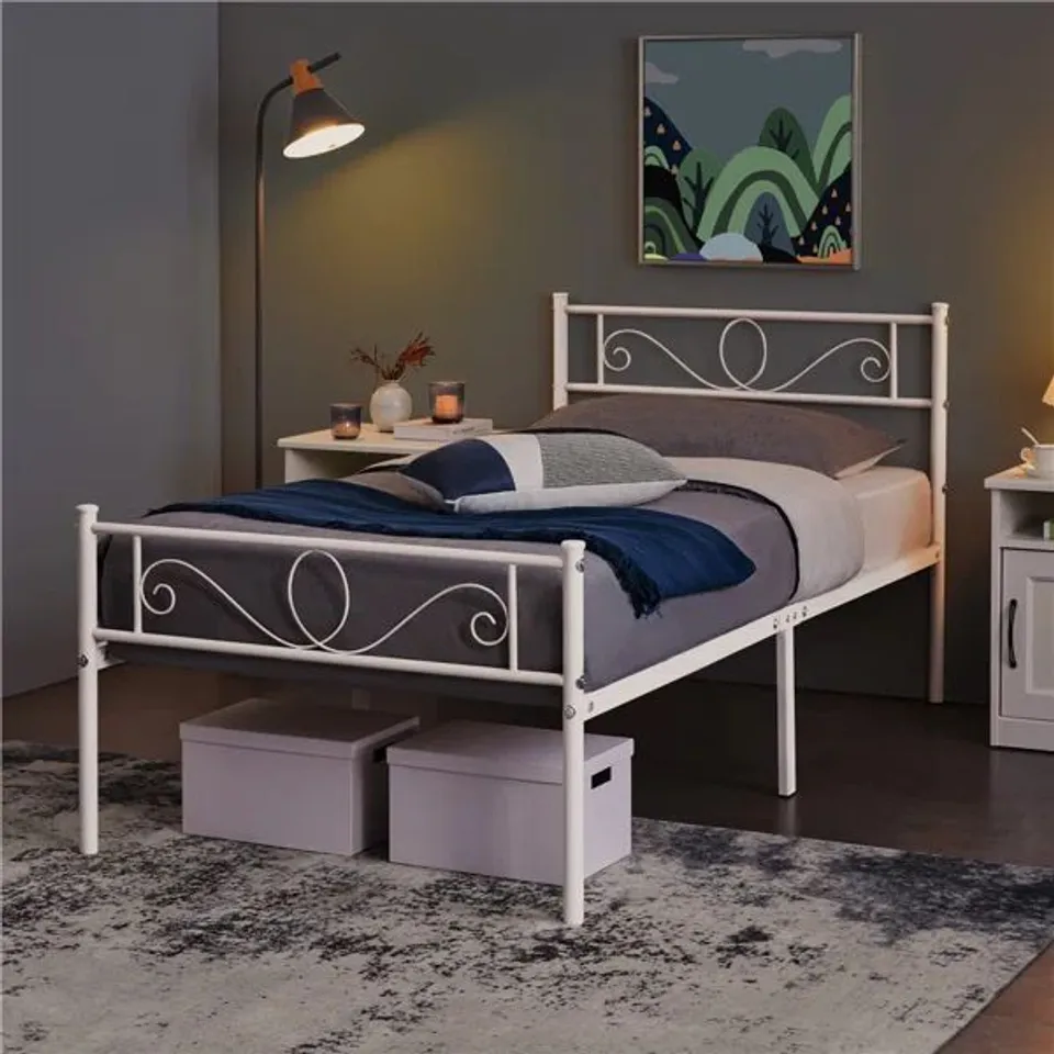 BOXED METAL BED FRAME WITH HEADBOARD/UNDER-BED STORAGE - 90CM SINGLE, WHITE (1 BOX)