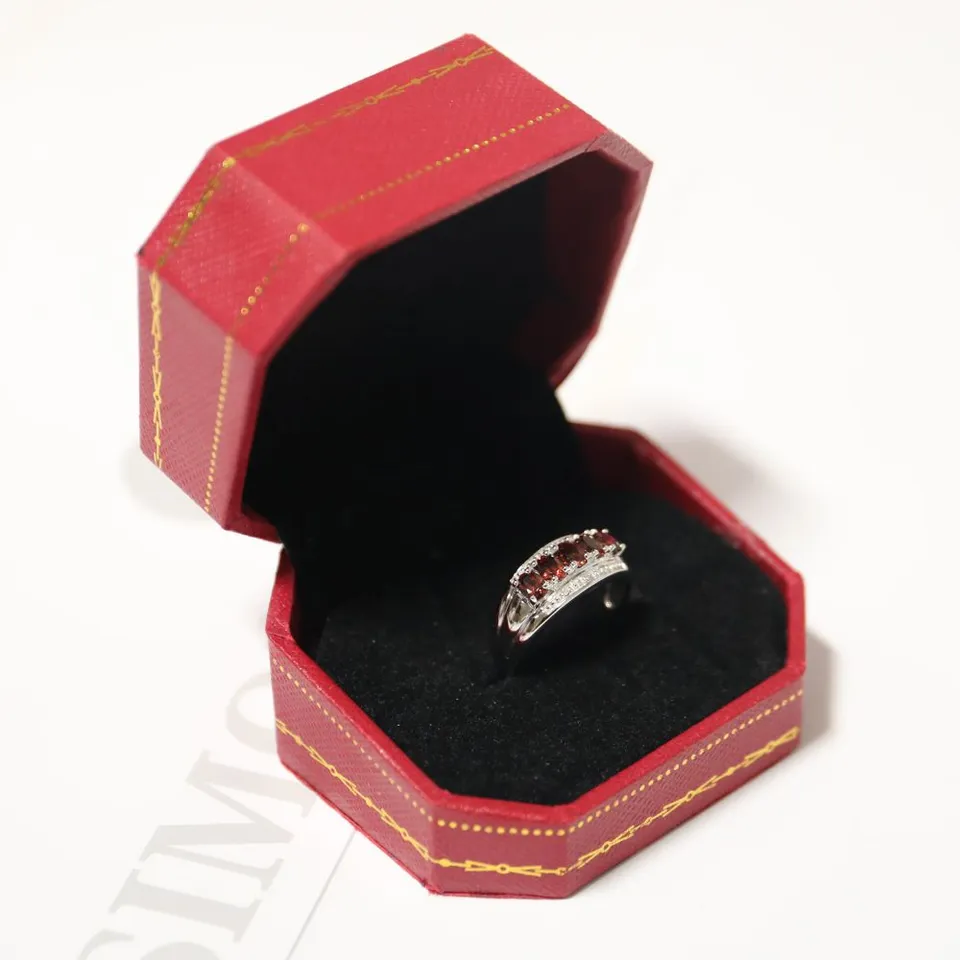 9CT WHITE GOLD GARNET AND DIAMOND DRESS RING