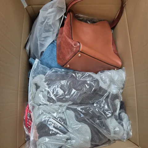 LARGE BOX OF ASSORTED CLOTHING ITEMS IN VARIOUS SIZES, STYLES AND COLOUR 