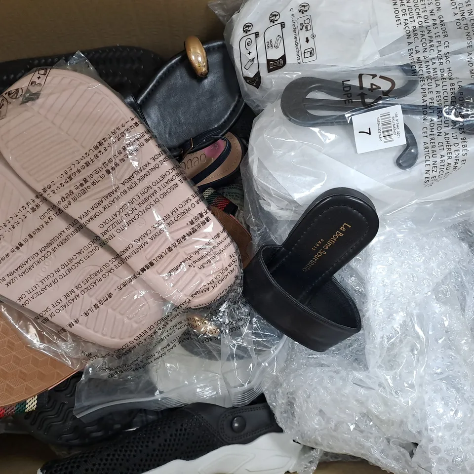 BOX OF APPROXIMATELY 15 ASSORTED PAIRS OF SHOES AND FOOTWEAR ITEMS IN VARIOUS COLOURS, STYLES, AND SIZES - COLLECTION ONLY
