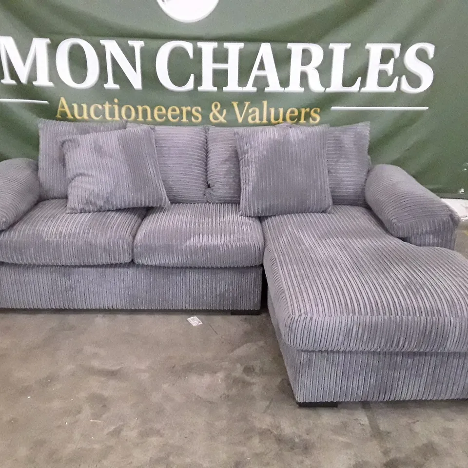 QUALITY DESIGNER 3 SEATER SOFA WITH RHF CHAISE - GREY CORDUROY FABRIC 