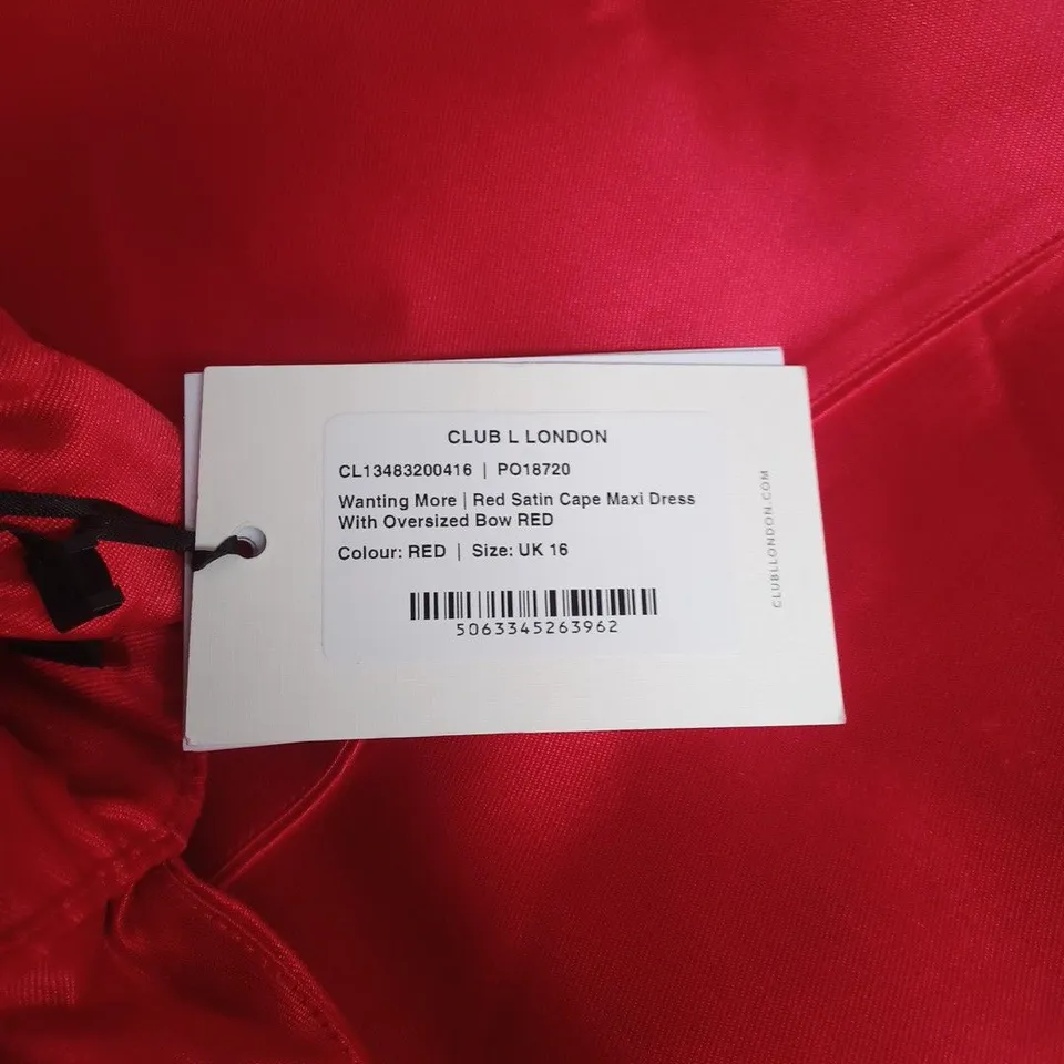 CLUB LONDON RED SATIN CAPE MAXI DRESS WITH OVERSIZED BOW – UK 16