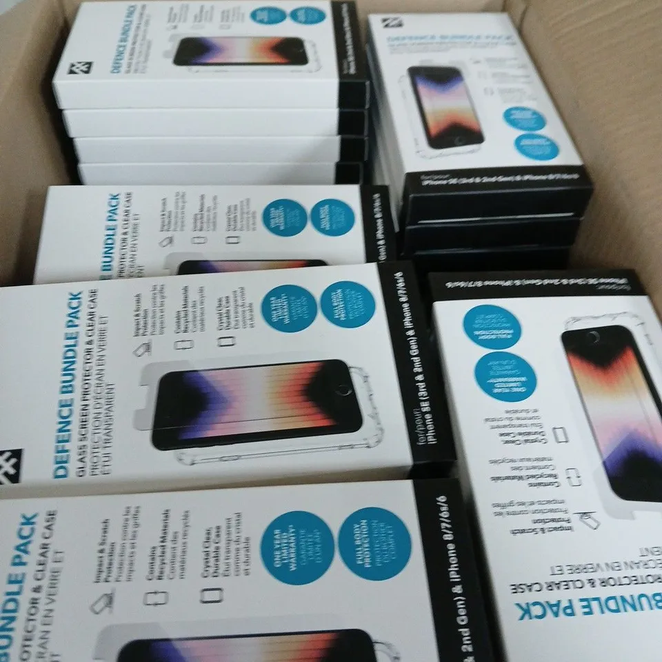 BOX OF APPROXIMATELY 60 DEFENCE BUNDLE PACK – GLASS SCREEN PROTECTOR & CLEAR CASE FOR IPHONE SE 