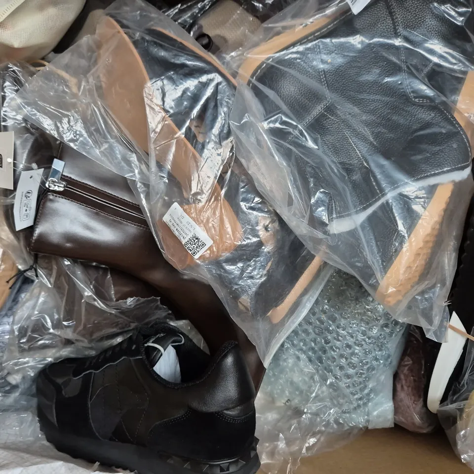 BOX OF APPROXIMATELY 15 ASSORTED PAIRS OF SHOES AND FOOTWEAR ITEMS IN VARIOUS COLOURS, STYLES, AND SIZES - COLLECTION ONLY