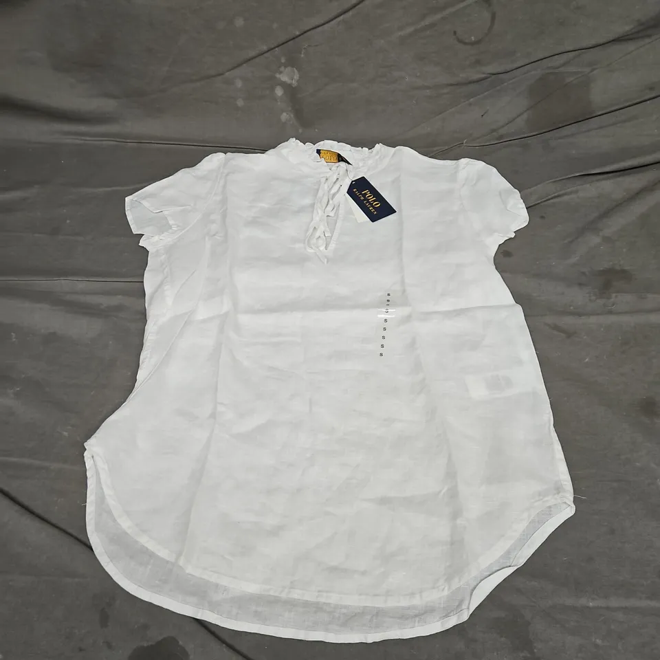 POLO RALPH LAUREN SHORT SLEEVE RUFFLE NECK BLOUSE IN WHITE SIZE S