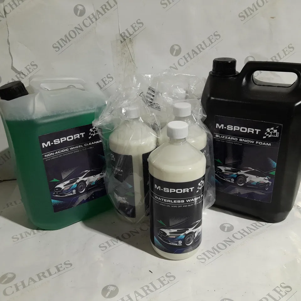 7 ASSORTED M-SPORT VEHICLE CLEANING PRODUCTS TO INCLUDE NON-ACIDIC WHEEL CLEANER 5 LITRE, BLIZZARD SNOW FOAM 5 LITRE, WASH AND CLEAN 1 LITRE 